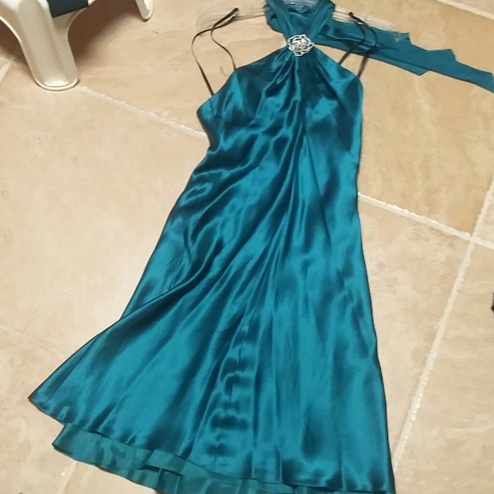 Teal silky satin dress